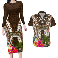Vanuatu Selebretem 44th Indipendens Dei Couples Matching Long Sleeve Bodycon Dress and Hawaiian Shirt Yumi Pig Tusk and Namele Fern LT03 Brown - Polynesian Pride