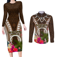 Vanuatu Selebretem 44th Indipendens Dei Couples Matching Long Sleeve Bodycon Dress and Long Sleeve Button Shirt Yumi Pig Tusk and Namele Fern LT03 Brown - Polynesian Pride