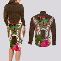 Vanuatu Selebretem 44th Indipendens Dei Couples Matching Long Sleeve Bodycon Dress and Long Sleeve Button Shirt Yumi Pig Tusk and Namele Fern LT03 - Polynesian Pride