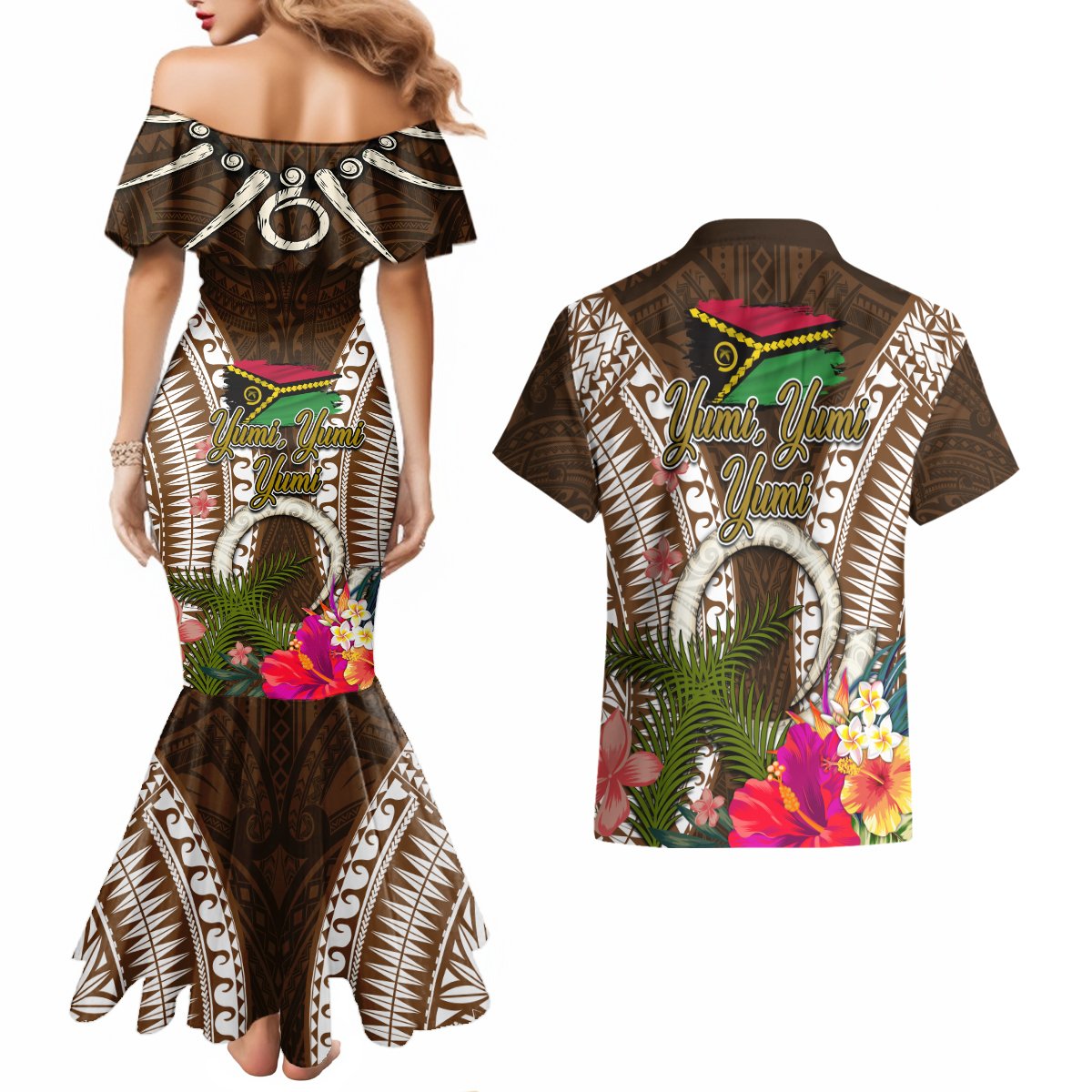 Vanuatu Selebretem 44th Indipendens Dei Couples Matching Mermaid Dress and Hawaiian Shirt Yumi Pig Tusk and Namele Fern LT03 - Polynesian Pride