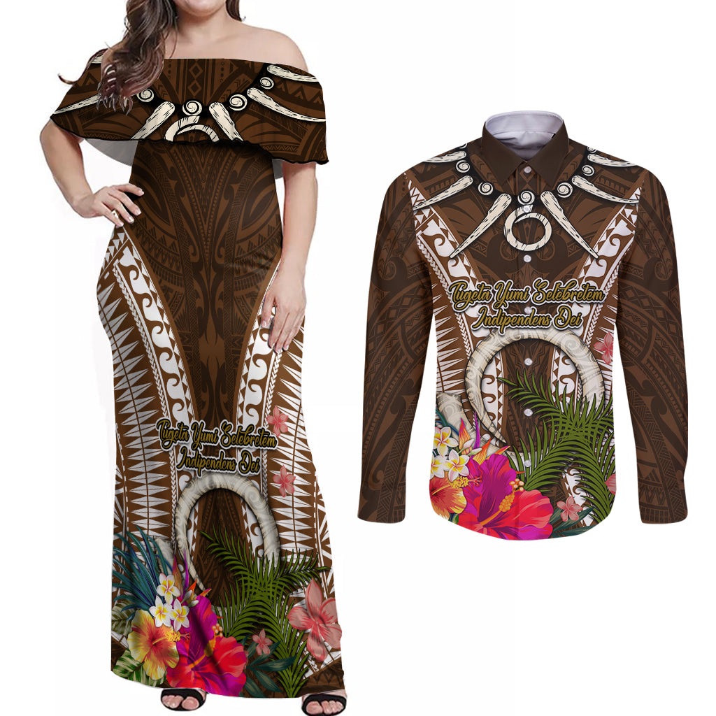 Vanuatu Selebretem 44th Indipendens Dei Couples Matching Off Shoulder Maxi Dress and Long Sleeve Button Shirt Yumi Pig Tusk and Namele Fern LT03 Brown - Polynesian Pride