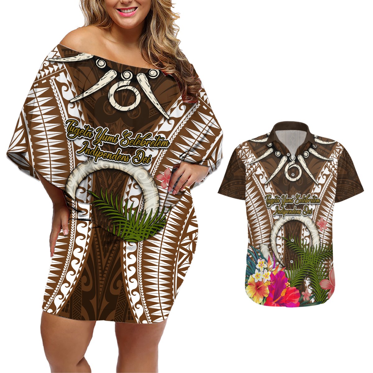 Vanuatu Selebretem 44th Indipendens Dei Couples Matching Off Shoulder Short Dress and Hawaiian Shirt Yumi Pig Tusk and Namele Fern LT03 Brown - Polynesian Pride