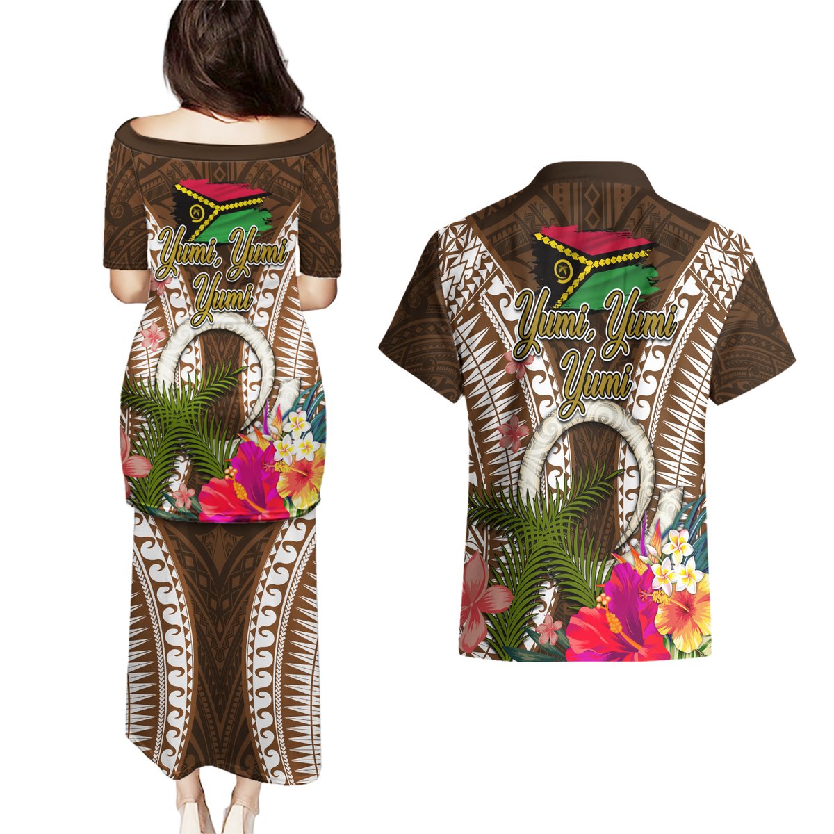 Vanuatu Selebretem 44th Indipendens Dei Couples Matching Puletasi and Hawaiian Shirt Yumi Pig Tusk and Namele Fern LT03 - Polynesian Pride