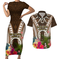 Vanuatu Selebretem 44th Indipendens Dei Couples Matching Short Sleeve Bodycon Dress and Hawaiian Shirt Yumi Pig Tusk and Namele Fern LT03 Brown - Polynesian Pride