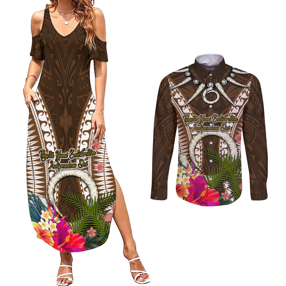 Vanuatu Selebretem 44th Indipendens Dei Couples Matching Summer Maxi Dress and Long Sleeve Button Shirt Yumi Pig Tusk and Namele Fern