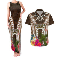 Vanuatu Selebretem 44th Indipendens Dei Couples Matching Tank Maxi Dress and Hawaiian Shirt Yumi Pig Tusk and Namele Fern LT03 Brown - Polynesian Pride