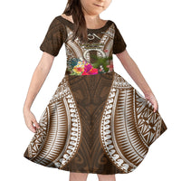 Vanuatu Selebretem 44th Indipendens Dei Family Matching Long Sleeve Bodycon Dress and Hawaiian Shirt Yumi Pig Tusk and Namele Fern LT03 Daughter's Dress Brown - Polynesian Pride