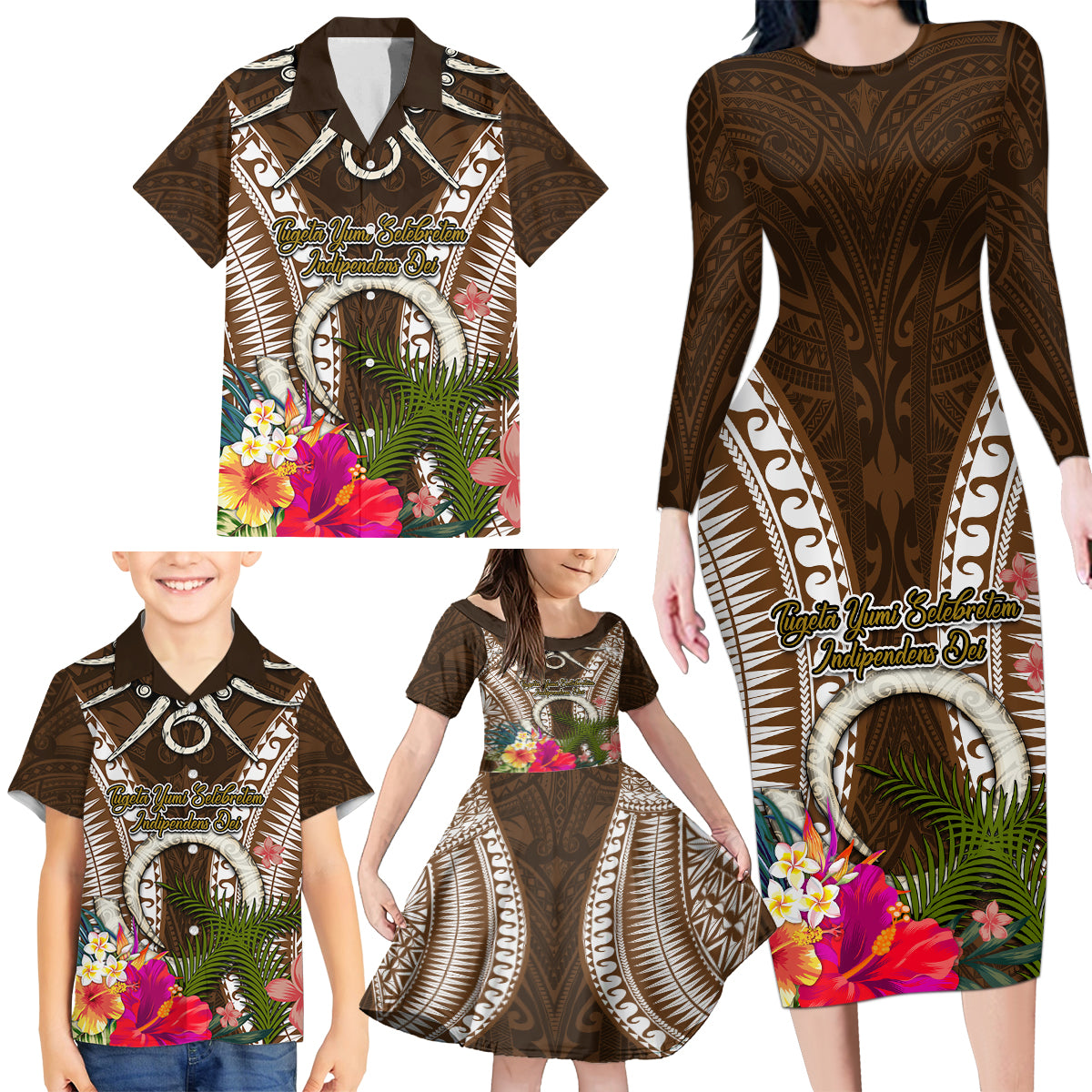 Vanuatu Selebretem 44th Indipendens Dei Family Matching Long Sleeve Bodycon Dress and Hawaiian Shirt Yumi Pig Tusk and Namele Fern LT03 - Polynesian Pride