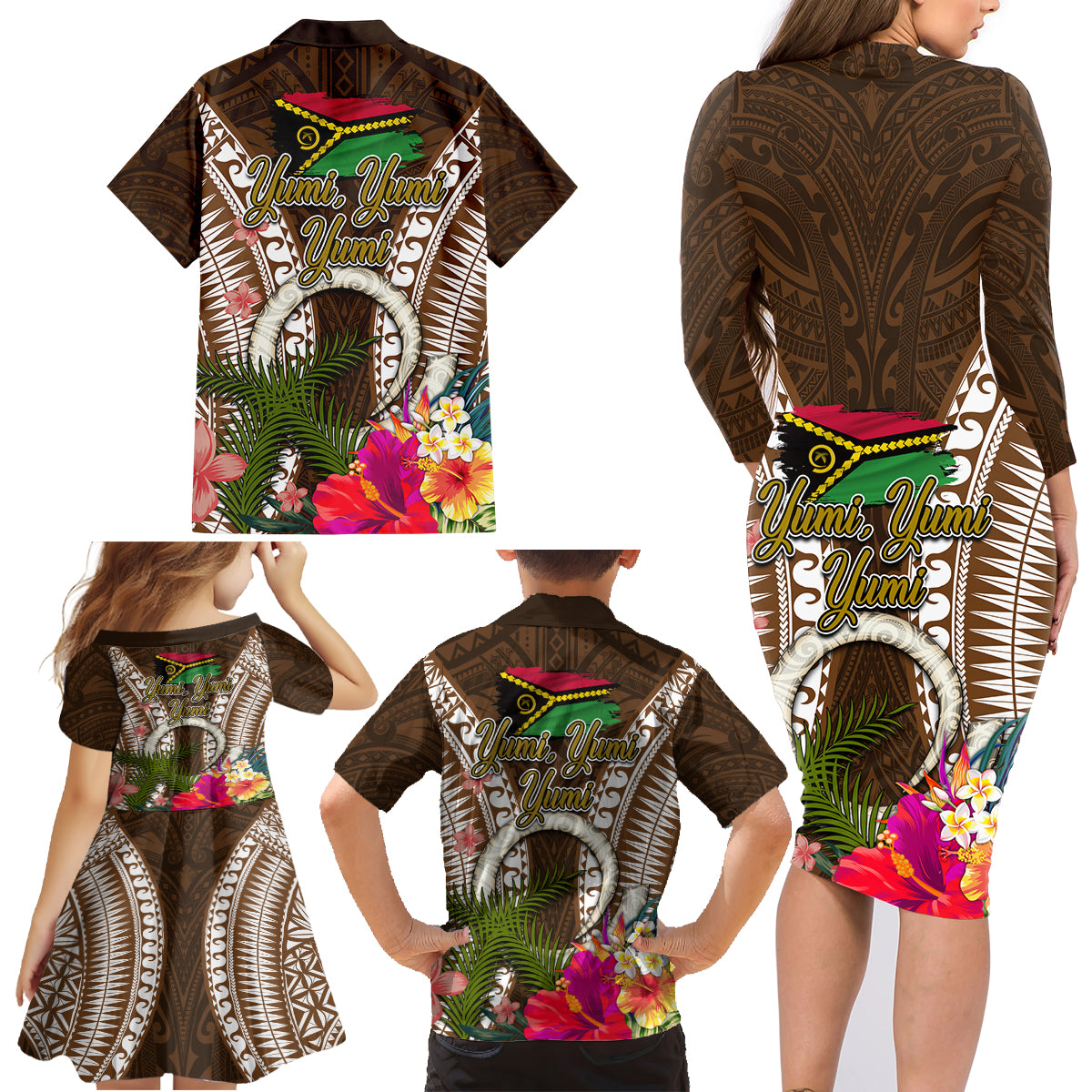 Vanuatu Selebretem 44th Indipendens Dei Family Matching Long Sleeve Bodycon Dress and Hawaiian Shirt Yumi Pig Tusk and Namele Fern LT03 - Polynesian Pride