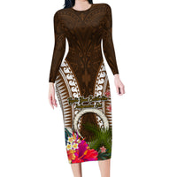 Vanuatu Selebretem 44th Indipendens Dei Family Matching Long Sleeve Bodycon Dress and Hawaiian Shirt Yumi Pig Tusk and Namele Fern LT03 Mom's Dress Brown - Polynesian Pride