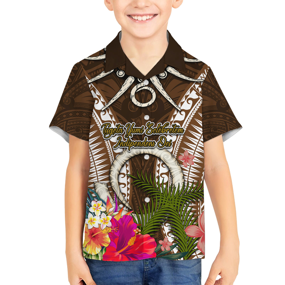 Vanuatu Selebretem 44th Indipendens Dei Family Matching Long Sleeve Bodycon Dress and Hawaiian Shirt Yumi Pig Tusk and Namele Fern LT03 Son's Shirt Brown - Polynesian Pride