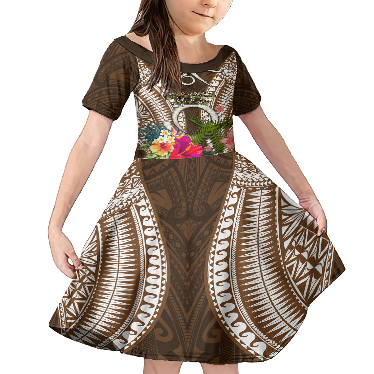 Vanuatu Selebretem 44th Indipendens Dei Family Matching Mermaid Dress and Hawaiian Shirt Yumi Pig Tusk and Namele Fern LT03 Daughter's Dress Brown - Polynesian Pride