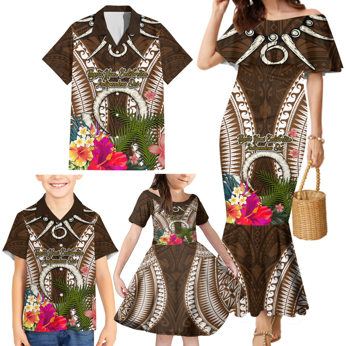 Vanuatu Selebretem 44th Indipendens Dei Family Matching Mermaid Dress and Hawaiian Shirt Yumi Pig Tusk and Namele Fern LT03 - Polynesian Pride