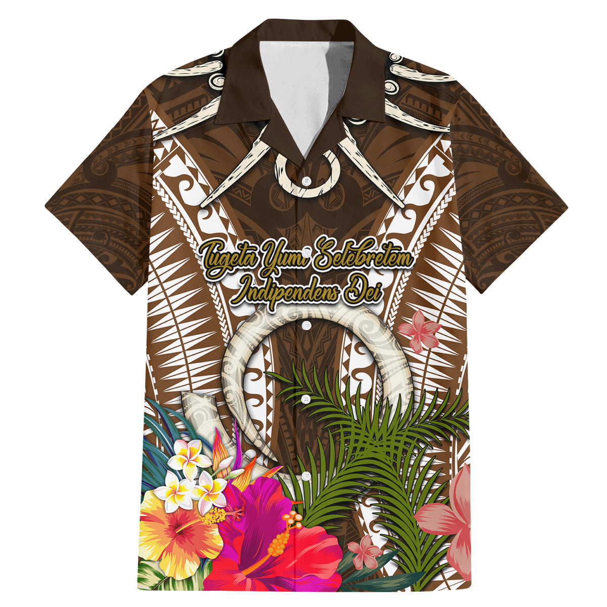 Vanuatu Selebretem 44th Indipendens Dei Family Matching Mermaid Dress and Hawaiian Shirt Yumi Pig Tusk and Namele Fern LT03 Dad's Shirt - Short Sleeve Brown - Polynesian Pride