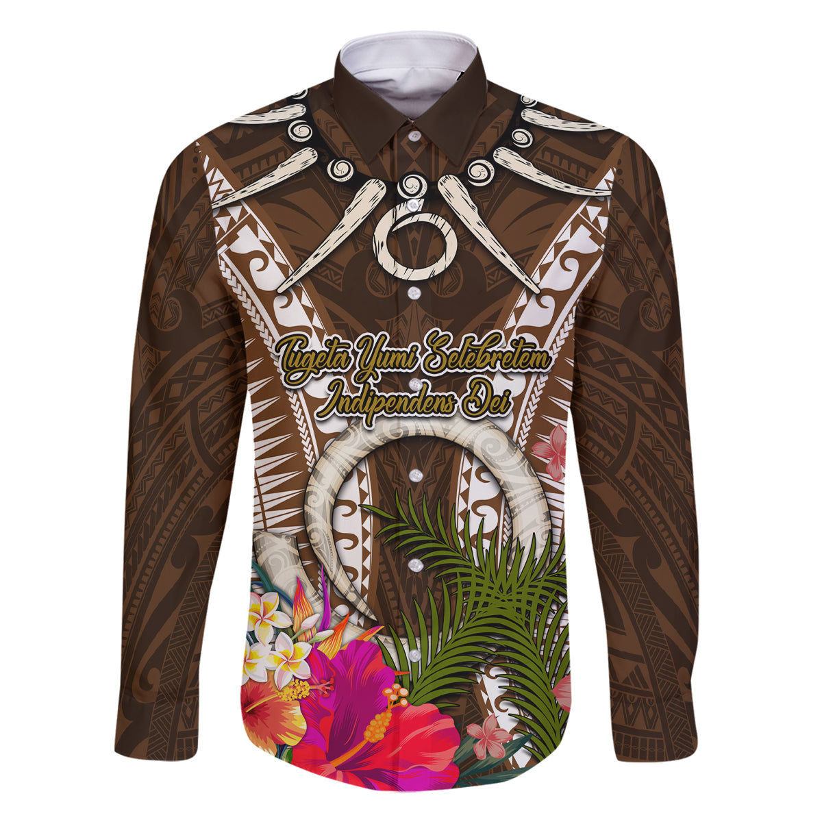 Vanuatu Selebretem 44th Indipendens Dei Family Matching Mermaid Dress and Hawaiian Shirt Yumi Pig Tusk and Namele Fern LT03 Dad's Shirt - Long Sleeve Brown - Polynesian Pride