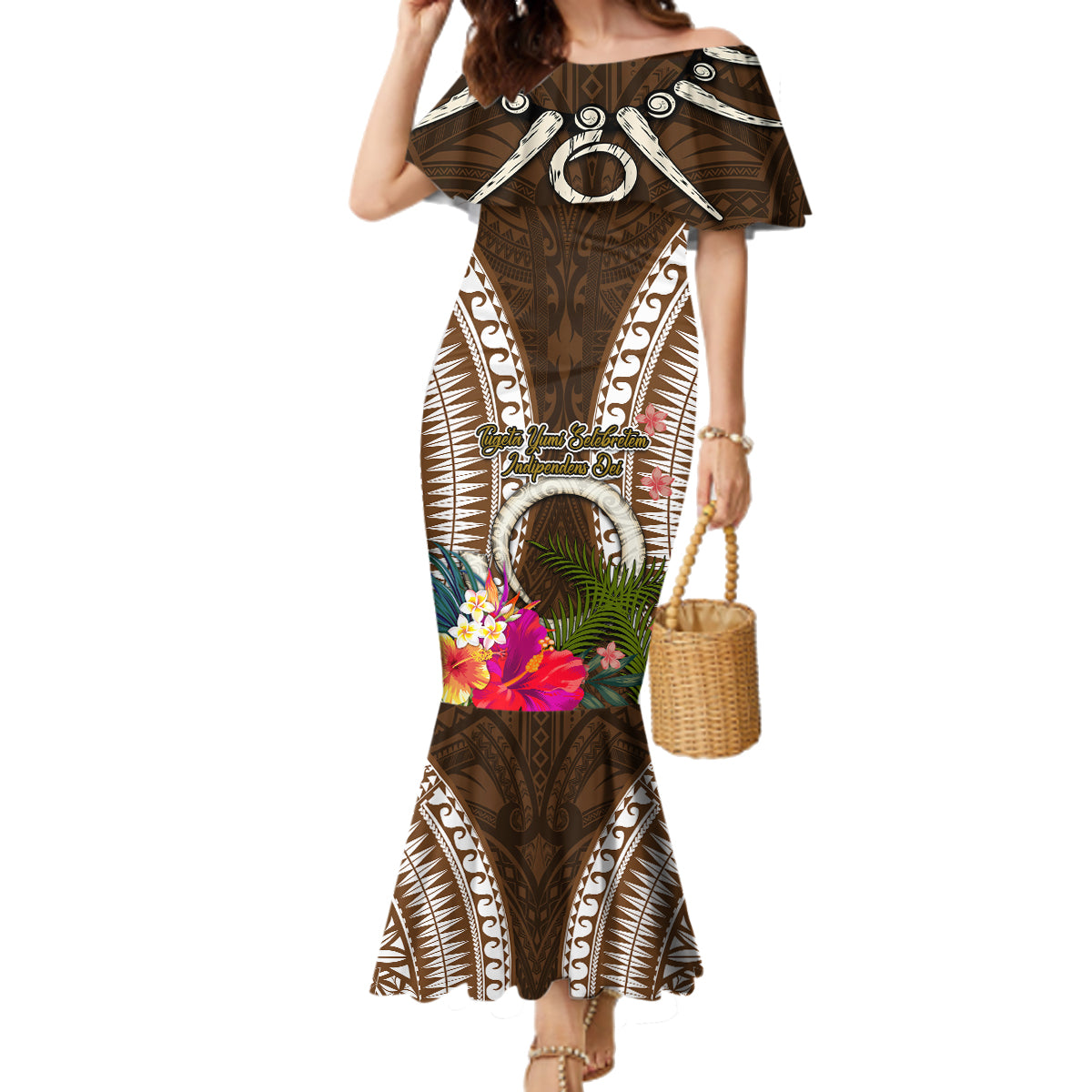 Vanuatu Selebretem 44th Indipendens Dei Family Matching Mermaid Dress and Hawaiian Shirt Yumi Pig Tusk and Namele Fern LT03 Mom's Dress Brown - Polynesian Pride