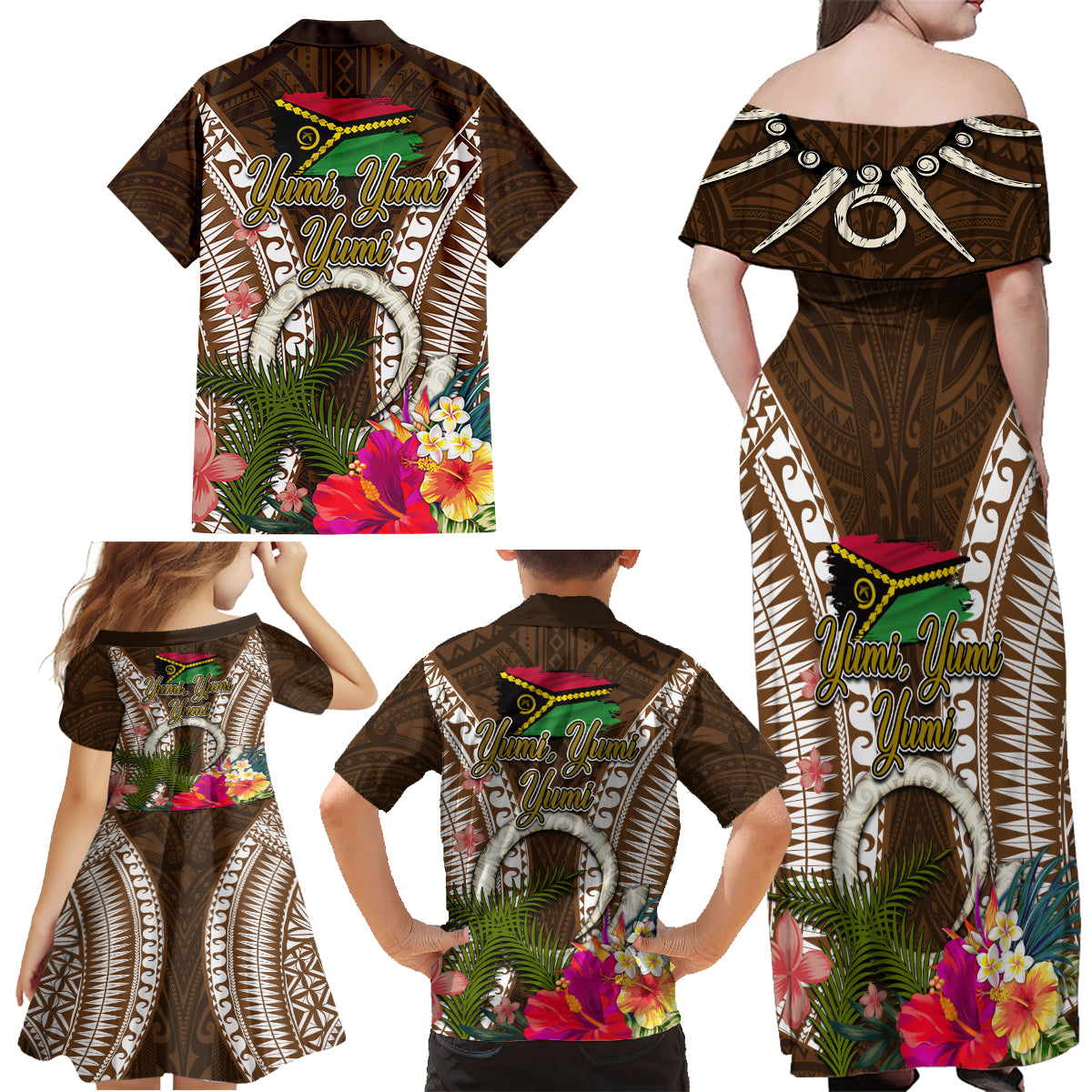 Vanuatu Selebretem 44th Indipendens Dei Family Matching Off Shoulder Maxi Dress and Hawaiian Shirt Yumi Pig Tusk and Namele Fern LT03 - Polynesian Pride