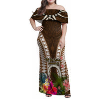 Vanuatu Selebretem 44th Indipendens Dei Family Matching Off Shoulder Maxi Dress and Hawaiian Shirt Yumi Pig Tusk and Namele Fern LT03 Mom's Dress Brown - Polynesian Pride