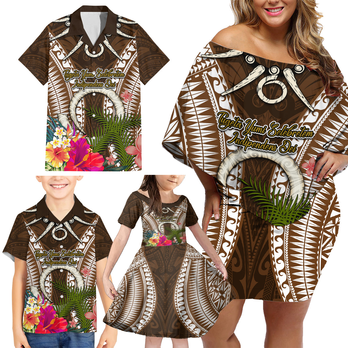 Vanuatu Selebretem 44th Indipendens Dei Family Matching Off Shoulder Short Dress and Hawaiian Shirt Yumi Pig Tusk and Namele Fern