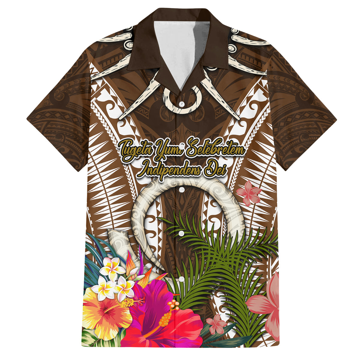 Vanuatu Selebretem 44th Indipendens Dei Family Matching Puletasi and Hawaiian Shirt Yumi Pig Tusk and Namele Fern LT03 Dad's Shirt - Short Sleeve Brown - Polynesian Pride
