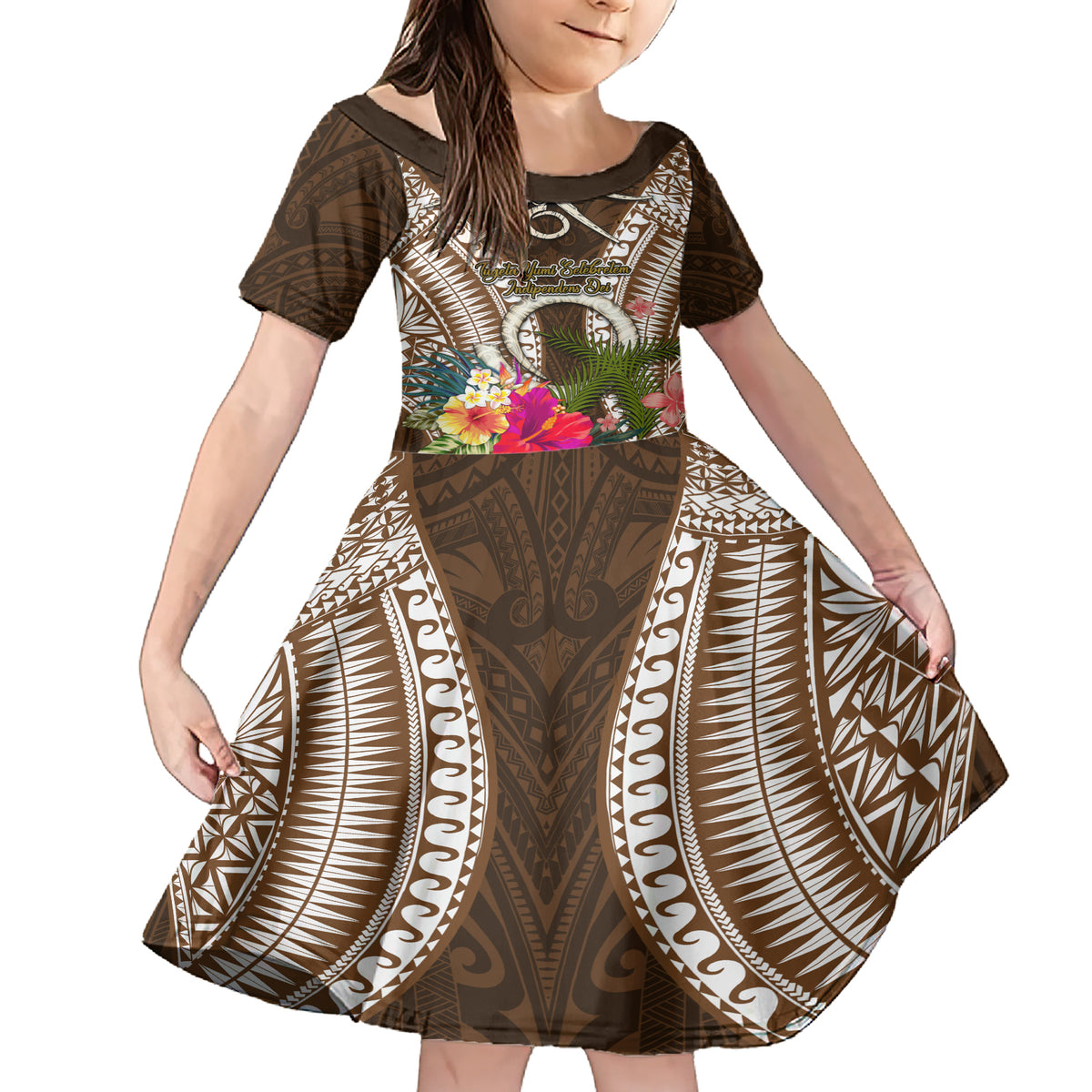 Vanuatu Selebretem 44th Indipendens Dei Family Matching Short Sleeve Bodycon Dress and Hawaiian Shirt Yumi Pig Tusk and Namele Fern LT03 Daughter's Dress Brown - Polynesian Pride