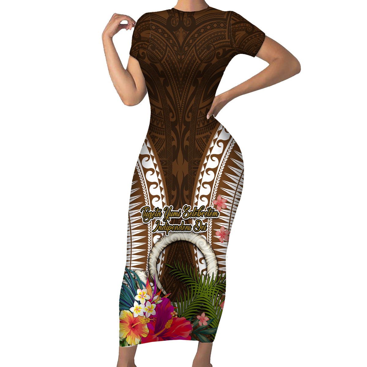 Vanuatu Selebretem 44th Indipendens Dei Family Matching Short Sleeve Bodycon Dress and Hawaiian Shirt Yumi Pig Tusk and Namele Fern LT03 Mom's Dress Brown - Polynesian Pride