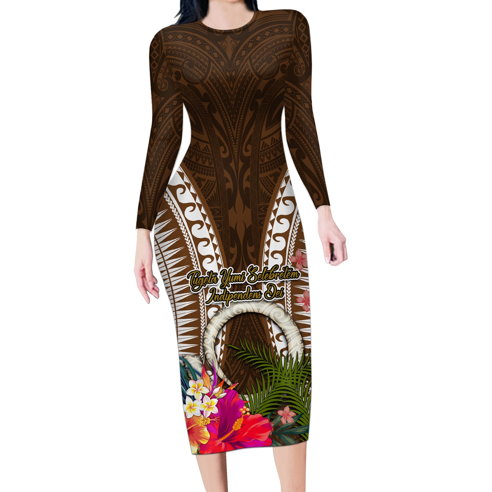 Vanuatu Selebretem 44th Indipendens Dei Long Sleeve Bodycon Dress Yumi Pig Tusk and Namele Fern