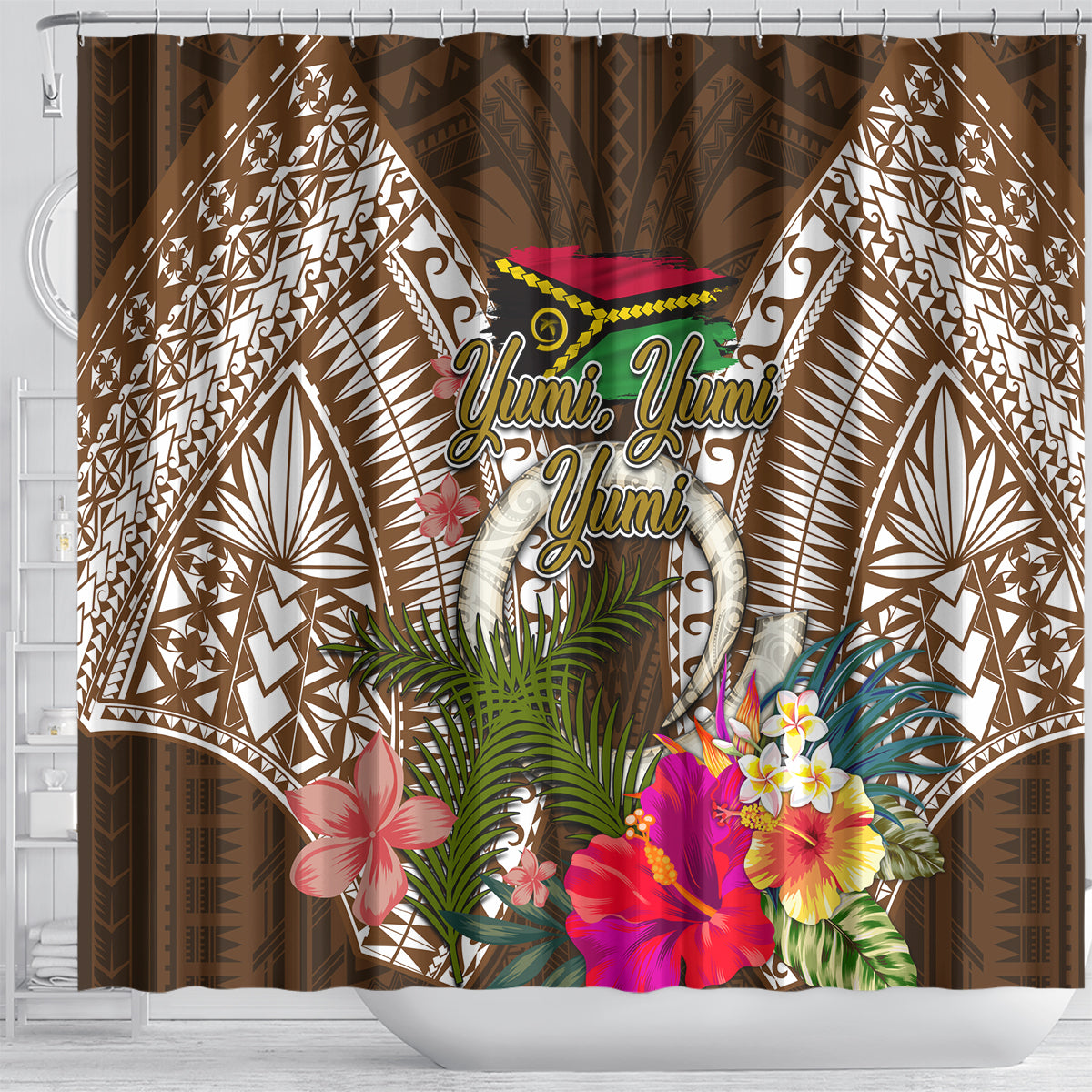 Vanuatu Selebretem 44th Indipendens Dei Shower Curtain Yumi Pig Tusk and Namele Fern
