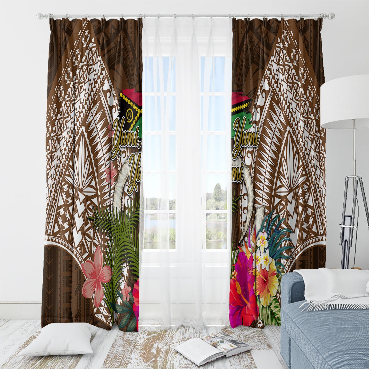 Vanuatu Selebretem 44th Indipendens Dei Window Curtain Yumi Pig Tusk and Namele Fern