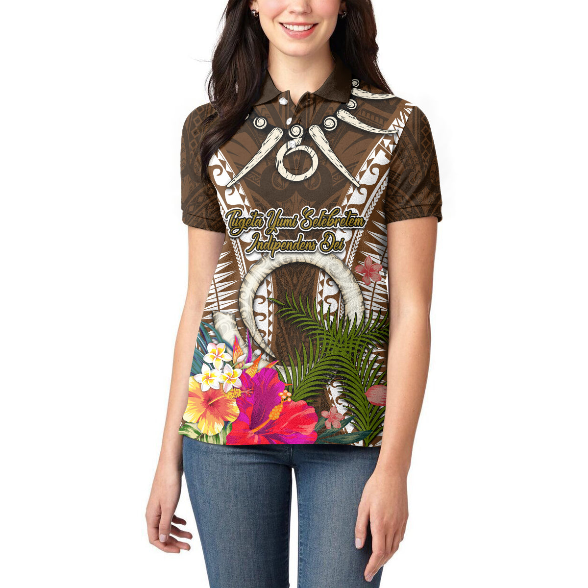 Vanuatu Selebretem 44th Indipendens Dei Women Polo Shirt Yumi Pig Tusk and Namele Fern