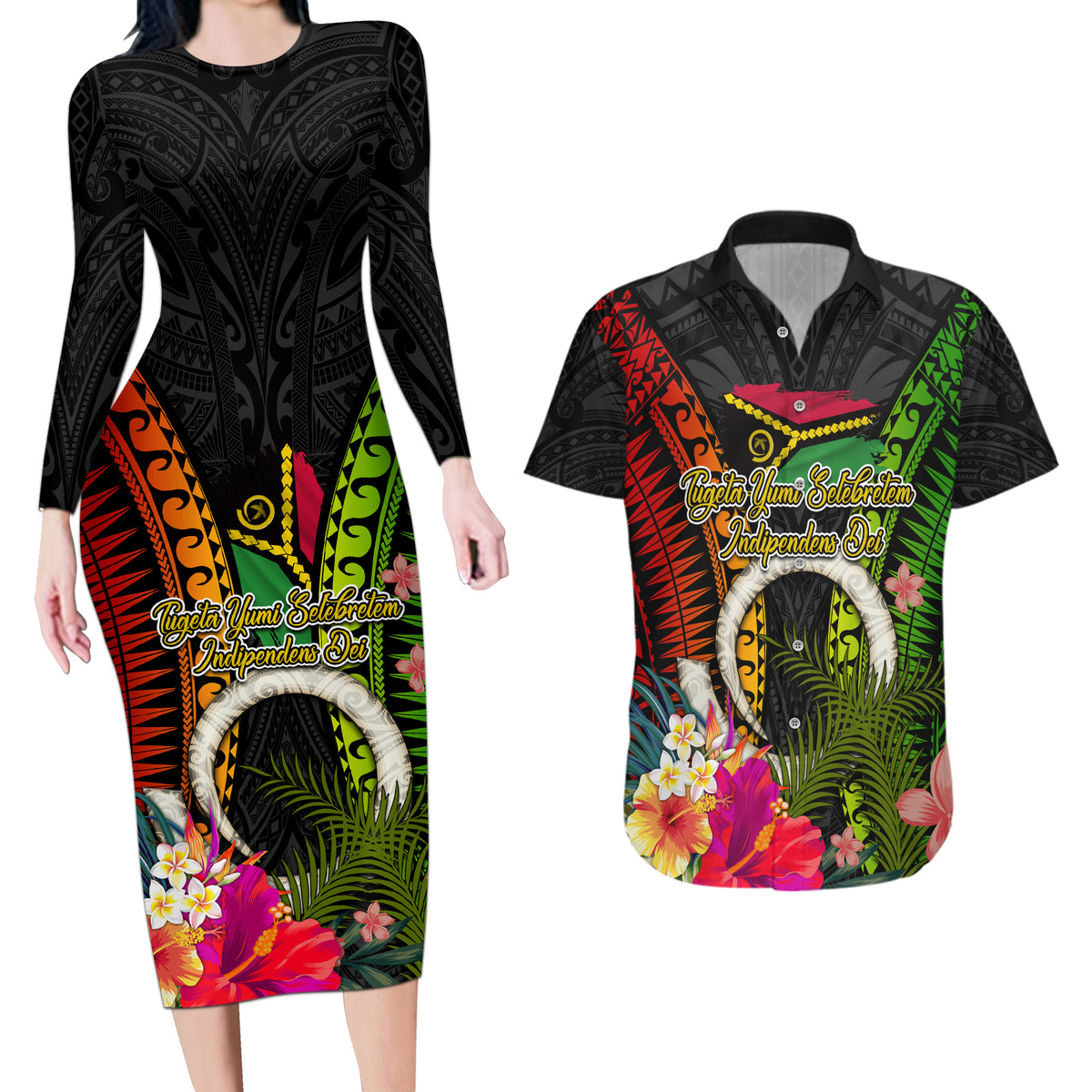 Vanuatu Independence Day Couples Matching Long Sleeve Bodycon Dress and Hawaiian Shirt Tugeta Yumi Selebretem Indipendens Dei LT03 Black - Polynesian Pride
