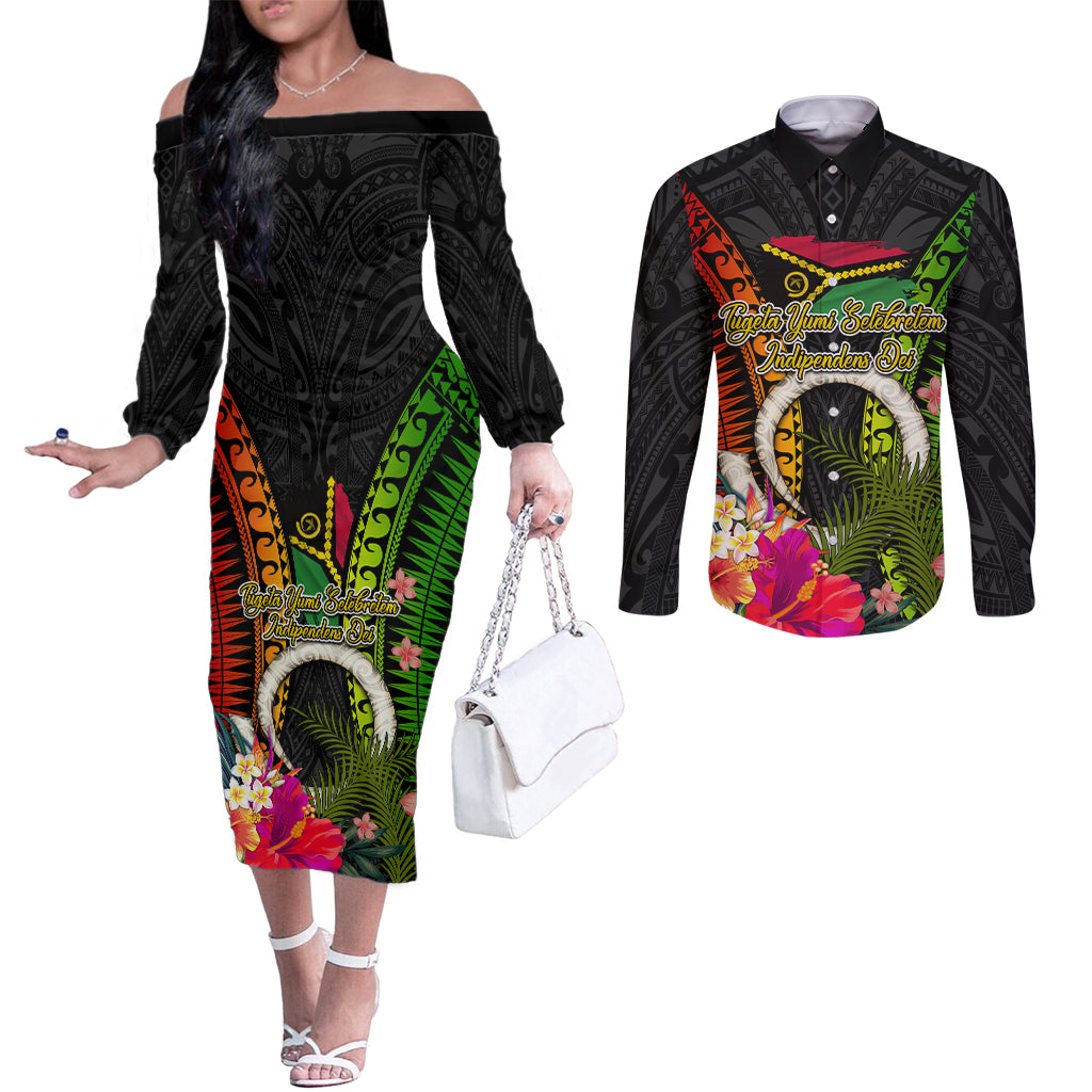 Vanuatu Independence Day Couples Matching Off The Shoulder Long Sleeve Dress and Long Sleeve Button Shirt Tugeta Yumi Selebretem Indipendens Dei LT03 Black - Polynesian Pride