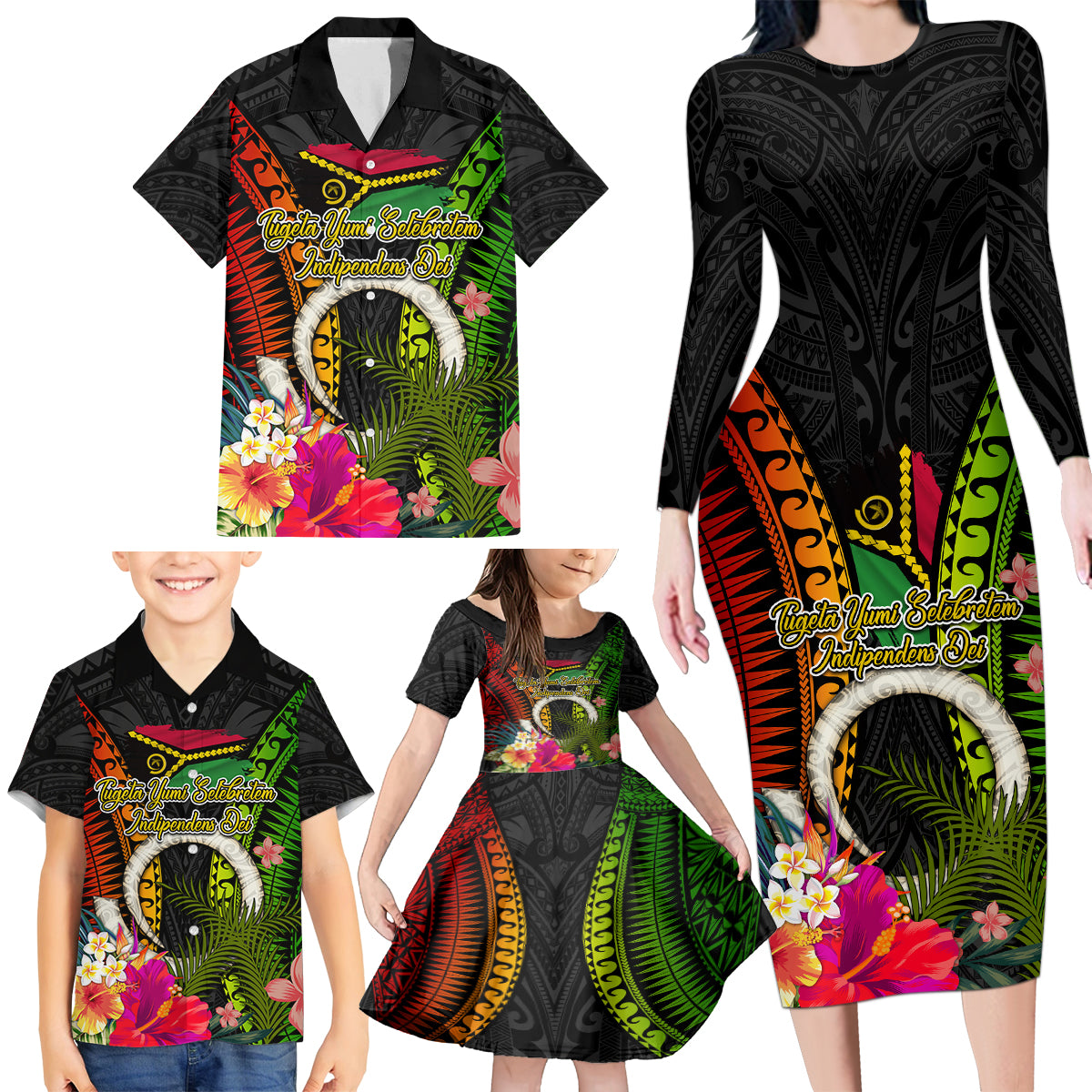 Vanuatu Independence Day Family Matching Long Sleeve Bodycon Dress and Hawaiian Shirt Tugeta Yumi Selebretem Indipendens Dei LT03 - Polynesian Pride
