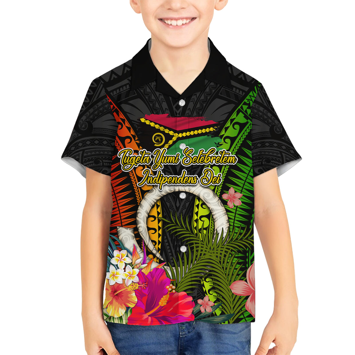 Vanuatu Independence Day Family Matching Long Sleeve Bodycon Dress and Hawaiian Shirt Tugeta Yumi Selebretem Indipendens Dei LT03 Son's Shirt Black - Polynesian Pride
