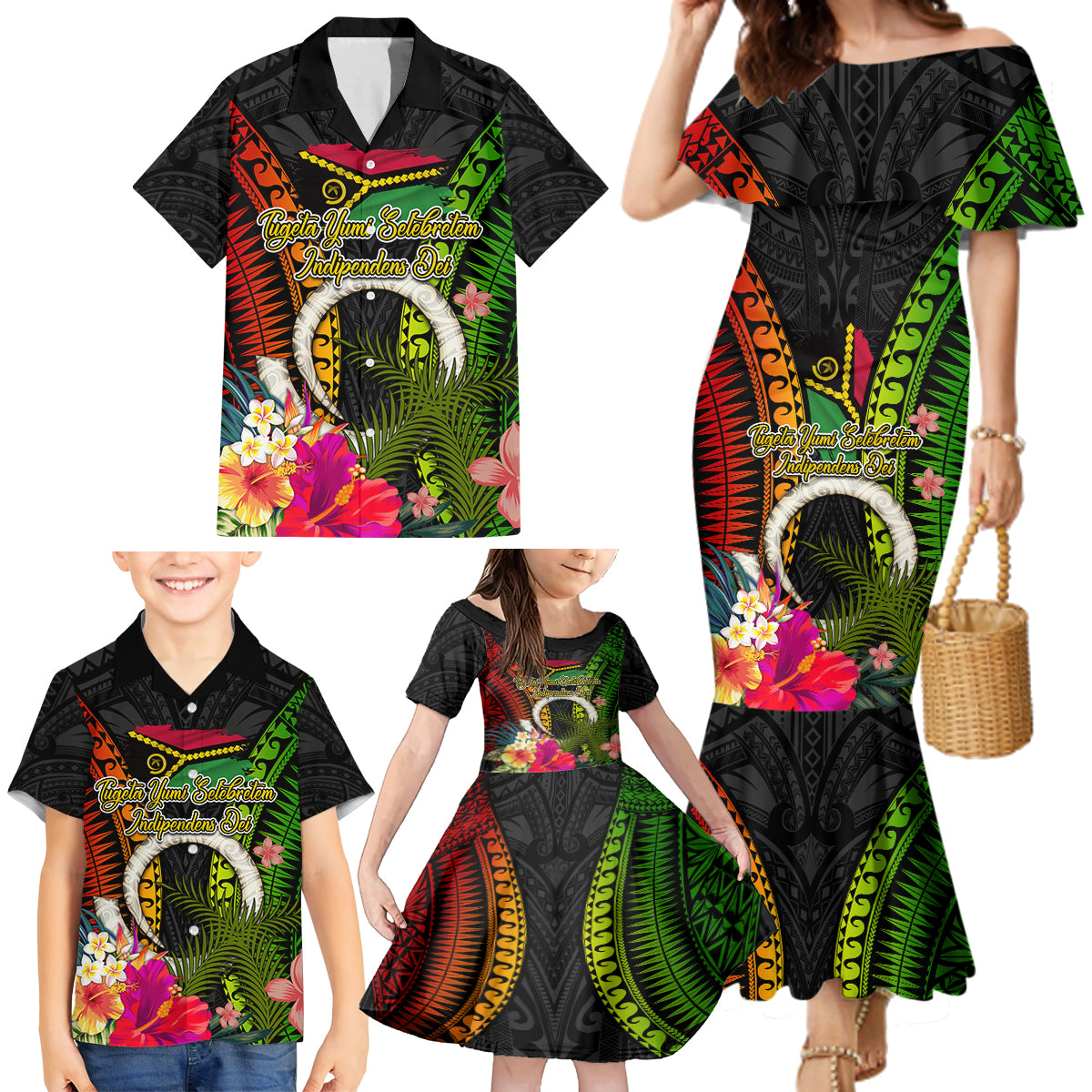 Vanuatu Independence Day Family Matching Mermaid Dress and Hawaiian Shirt Tugeta Yumi Selebretem Indipendens Dei LT03 - Polynesian Pride