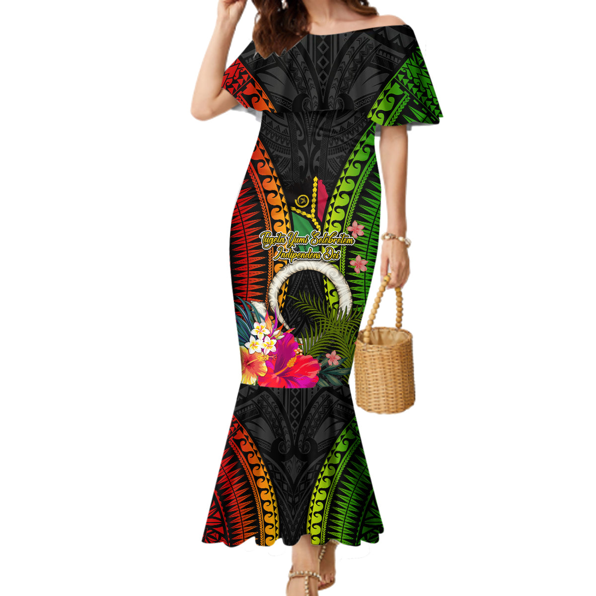 Vanuatu Independence Day Family Matching Mermaid Dress and Hawaiian Shirt Tugeta Yumi Selebretem Indipendens Dei LT03 Mom's Dress Black - Polynesian Pride