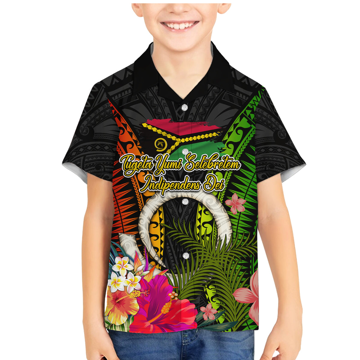Vanuatu Independence Day Family Matching Mermaid Dress and Hawaiian Shirt Tugeta Yumi Selebretem Indipendens Dei LT03 Son's Shirt Black - Polynesian Pride