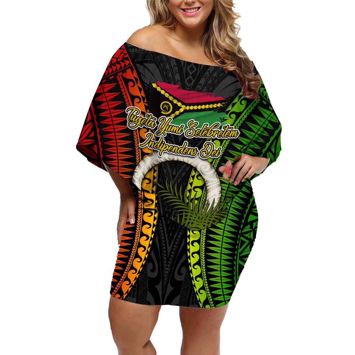 Vanuatu Independence Day Family Matching Off Shoulder Short Dress and Hawaiian Shirt Tugeta Yumi Selebretem Indipendens Dei