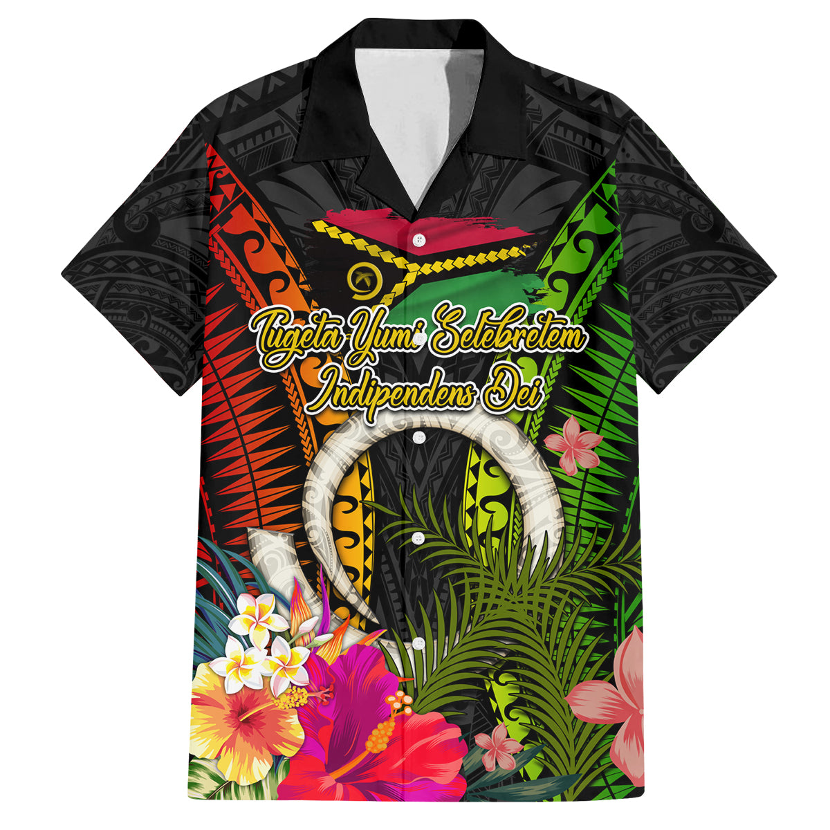 Vanuatu Independence Day Family Matching Puletasi and Hawaiian Shirt Tugeta Yumi Selebretem Indipendens Dei LT03 Dad's Shirt - Short Sleeve Black - Polynesian Pride