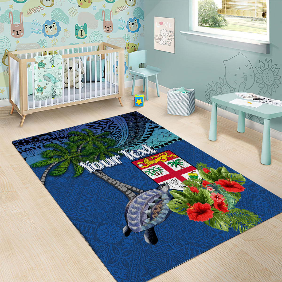 Personalised Fiji Independence Day Area Rug Fijian Coat of Arms Palm and Hibiscus Tapa Pattern