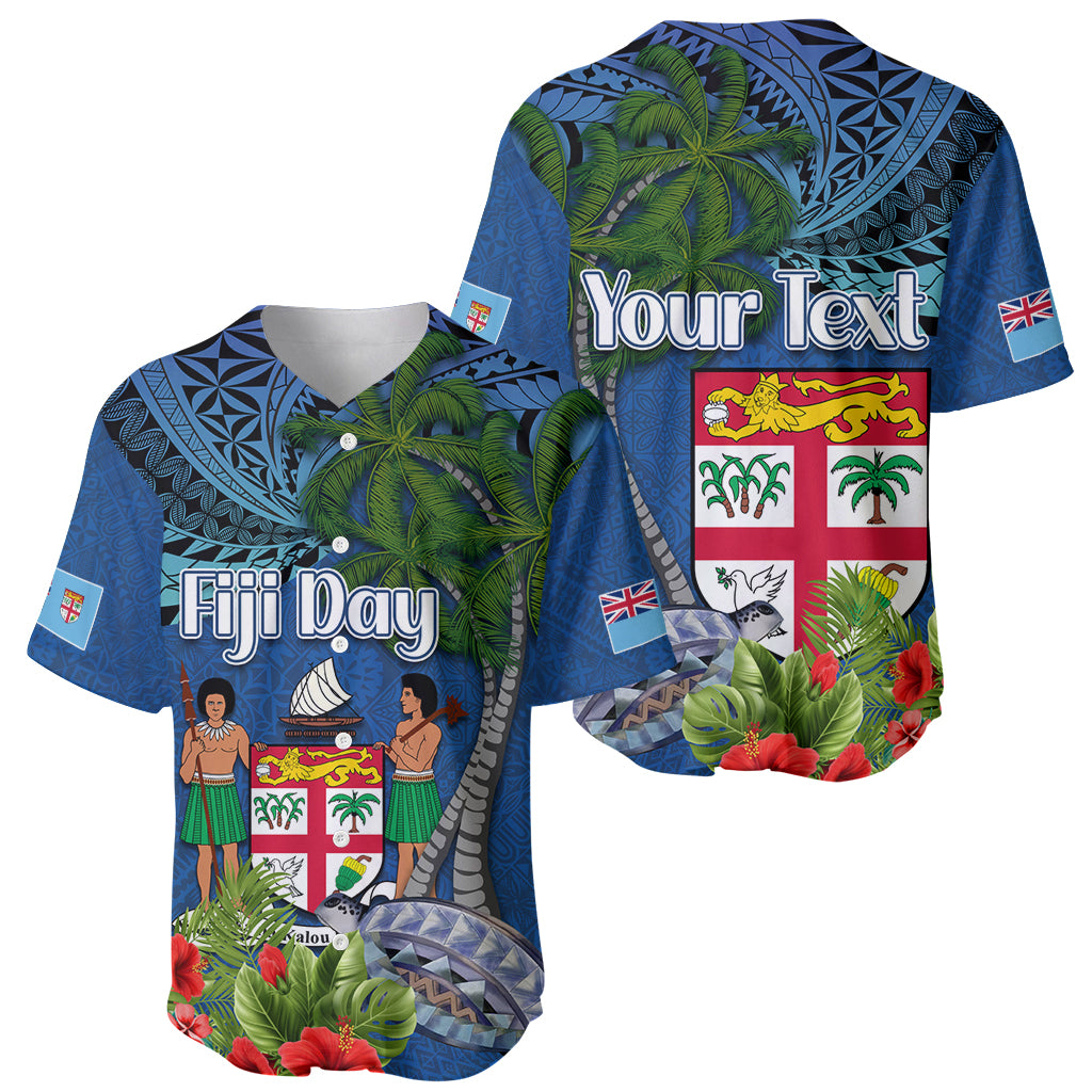 Fiji Independence Day Baseball Jersey Fijian Coat of Arms Palm and Hibiscus Tapa Pattern