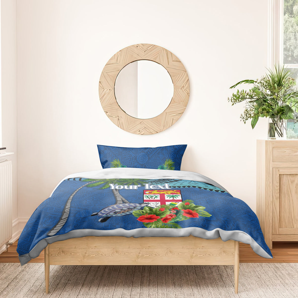 Personalised Fiji Independence Day Bedding Set Fijian Coat of Arms Palm and Hibiscus Tapa Pattern