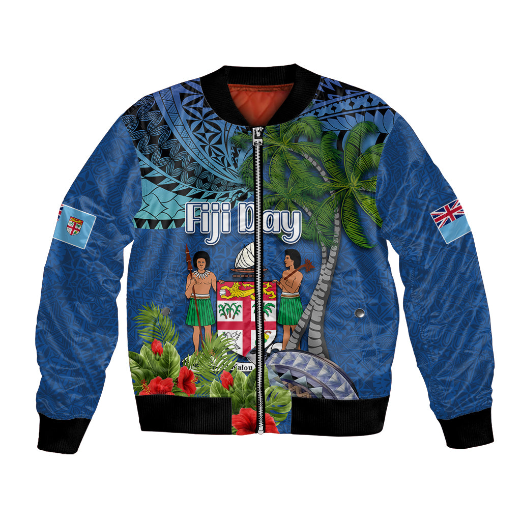 Fiji Independence Day Bomber Jacket Fijian Coat of Arms Palm and Hibiscus Tapa Pattern