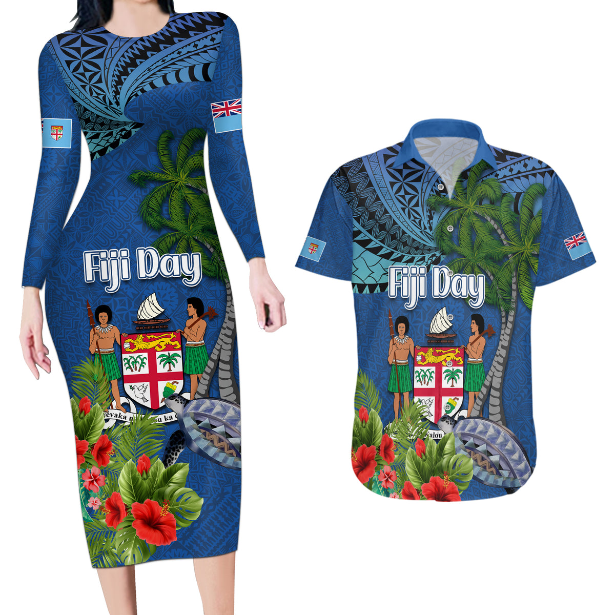 Personalised Fiji Independence Day Couples Matching Long Sleeve Bodycon Dress and Hawaiian Shirt Fijian Coat of Arms Palm and Hibiscus Tapa Pattern LT03 Blue - Polynesian Pride