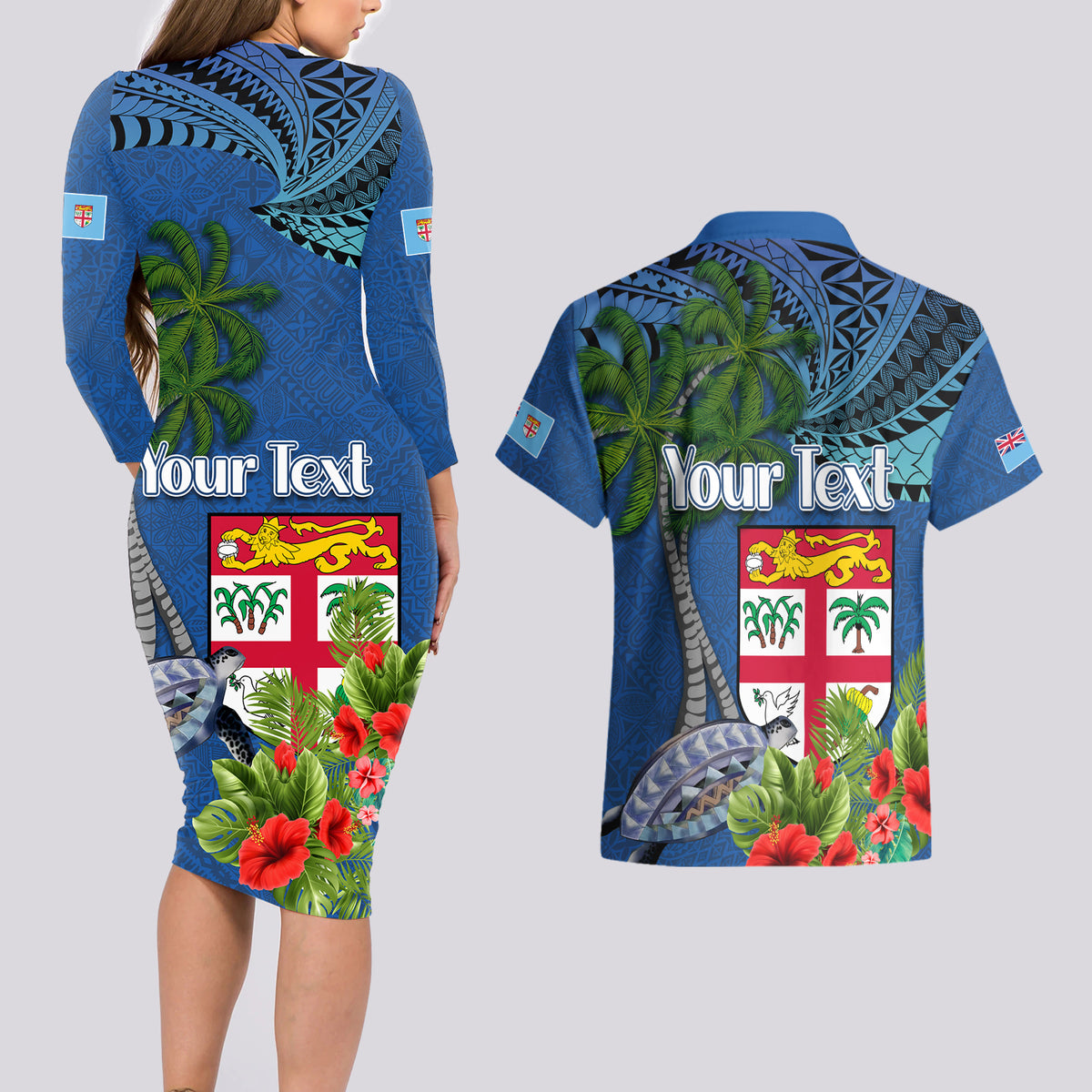 Personalised Fiji Independence Day Couples Matching Long Sleeve Bodycon Dress and Hawaiian Shirt Fijian Coat of Arms Palm and Hibiscus Tapa Pattern LT03 - Polynesian Pride
