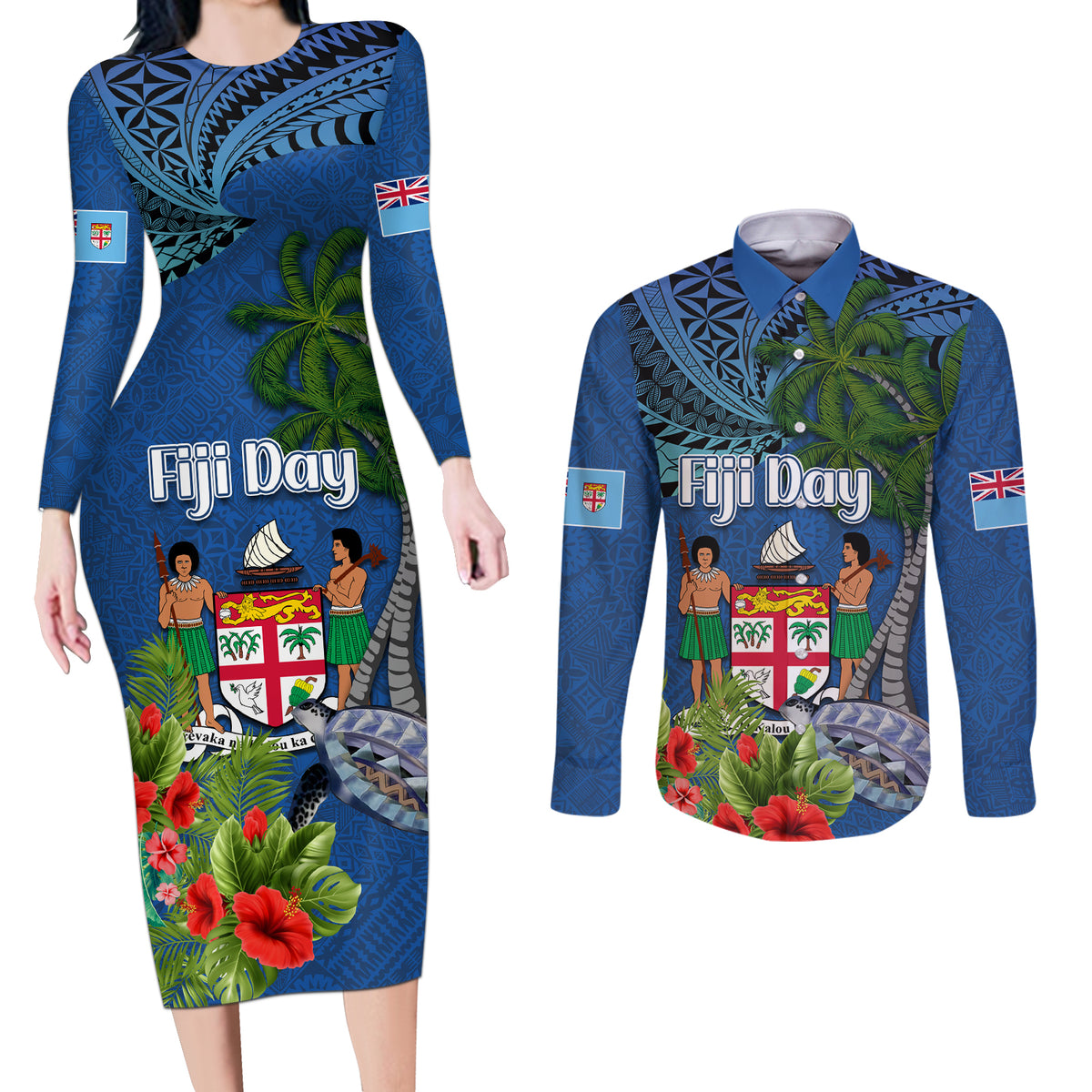 Personalised Fiji Independence Day Couples Matching Long Sleeve Bodycon Dress and Long Sleeve Button Shirt Fijian Coat of Arms Palm and Hibiscus Tapa Pattern LT03 Blue - Polynesian Pride