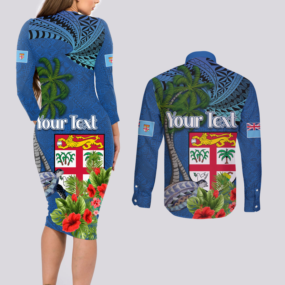 Personalised Fiji Independence Day Couples Matching Long Sleeve Bodycon Dress and Long Sleeve Button Shirt Fijian Coat of Arms Palm and Hibiscus Tapa Pattern LT03 - Polynesian Pride