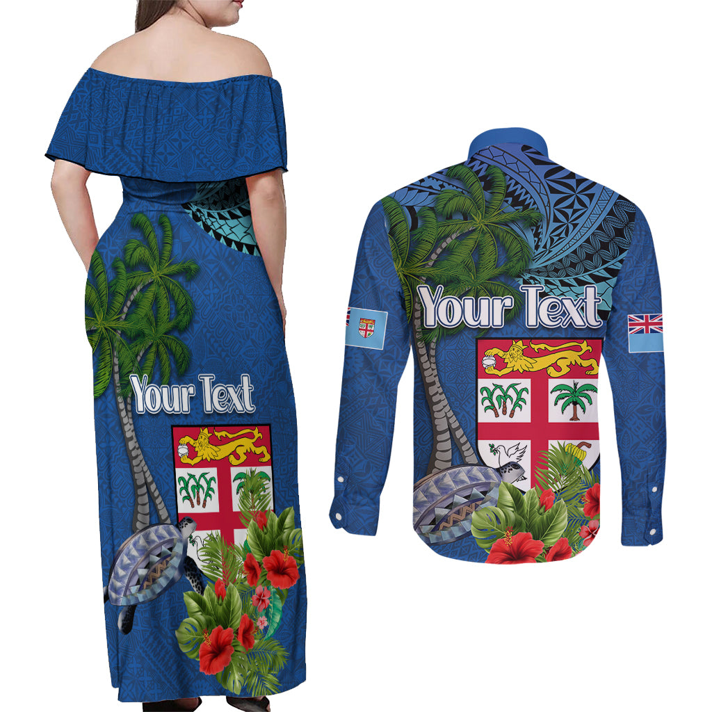 Personalised Fiji Independence Day Couples Matching Off Shoulder Maxi Dress and Long Sleeve Button Shirt Fijian Coat of Arms Palm and Hibiscus Tapa Pattern LT03 - Polynesian Pride