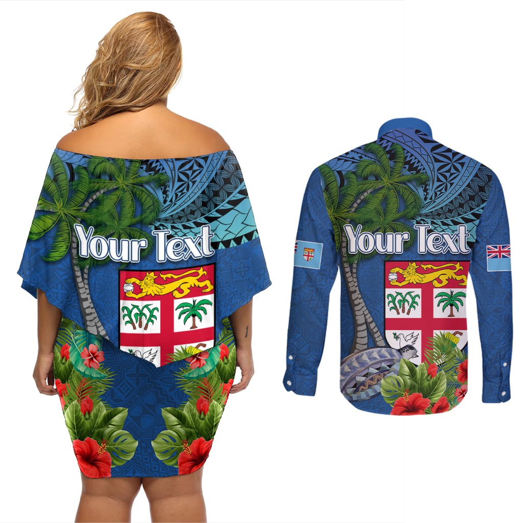 Personalised Fiji Independence Day Couples Matching Off Shoulder Short Dress and Long Sleeve Button Shirt Fijian Coat of Arms Palm and Hibiscus Tapa Pattern LT03 - Polynesian Pride