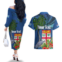 Fiji Independence Day Couples Matching Off The Shoulder Long Sleeve Dress and Hawaiian Shirt Fijian Coat of Arms Palm and Hibiscus Tapa Pattern